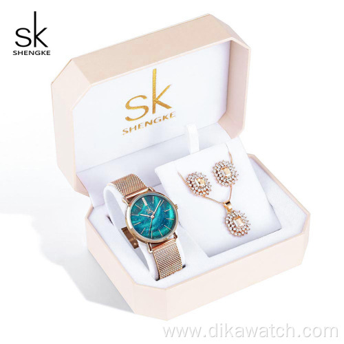 SK Top Luxury Women Watch Gift Set For Wedding Rose Gold Bracelet Necklace Jewelry Gift Set For Wife Regalo de San Valentin